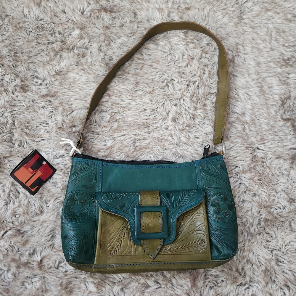 Leaders In Leather Hand Tooled Buckle Pocket Shoulder Bag Blue And Green